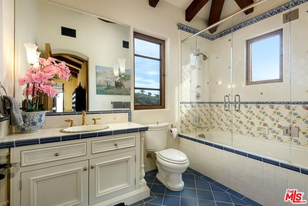 Bathroom, Glass Shower, Interior, Tile Countertops, Wooden Beams