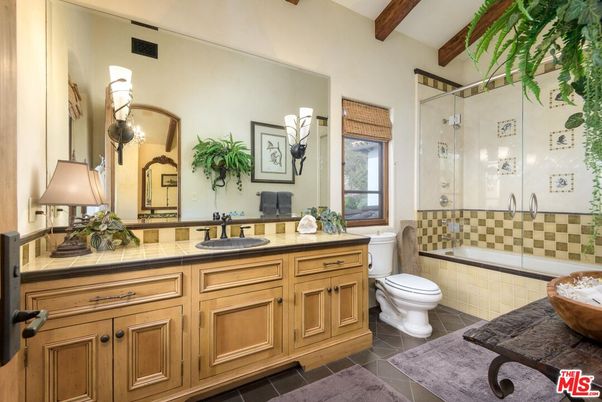 Bathroom, Glass Shower, Interior, Tile Countertops, Wooden Beams