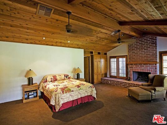 Bedroom, Fireplace, Interior, Recessed Lighting, Stone Walls, Wooden Beams, Wooden Ceilings