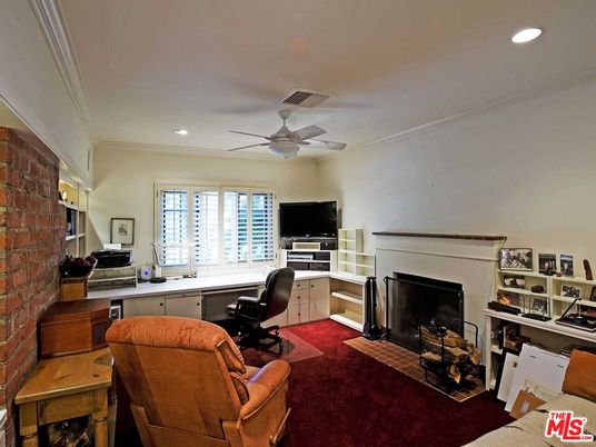 Fireplace, Home Office, Interior, Recessed Lighting, Stone Walls