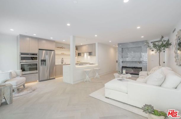 Fireplace, Interior, Kitchen, Living room, Recessed Lighting, Stainless Steel Appliances, Wood Texture Flooring