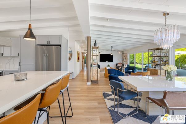 Chandelier, Dining room, Interior, Kitchen, Living room, Pendant Lights, Recessed Lighting, Stainless Steel Appliances, Wood Texture Flooring