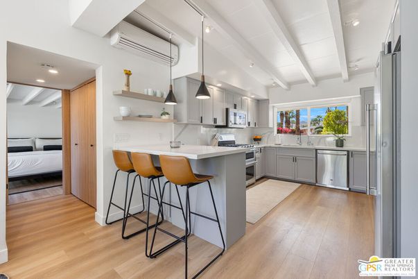 Bedroom, Interior, Kitchen, Pendant Lights, Recessed Lighting, Stainless Steel Appliances, Wood Texture Flooring