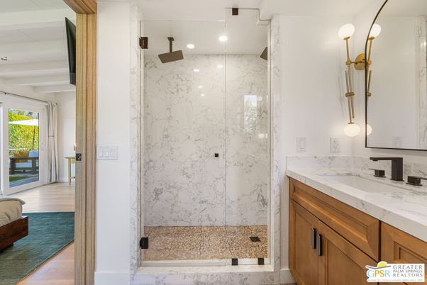 Bathroom, Glass Shower, Interior, Marble Walls, Recessed Lighting, Wood Texture Flooring