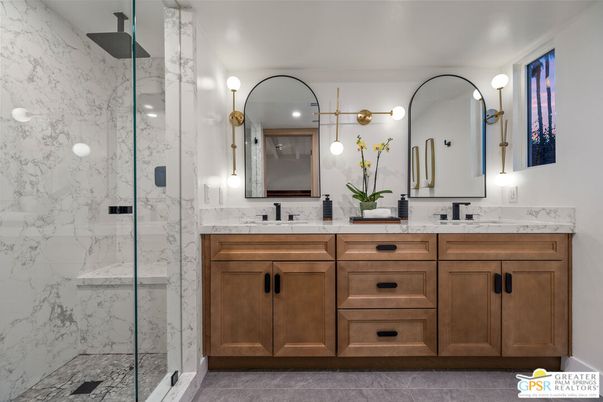 Bathroom, Dual Sink Vanities, Glass Shower, Interior, Marble Walls