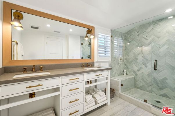 Bathroom, Dual Sink Vanities, Glass Shower, Interior, Recessed Lighting, Wood Texture Flooring