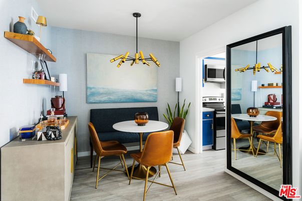 Dining room, Interior, Kitchen, Pendant Lights, Stainless Steel Appliances, Wood Texture Flooring