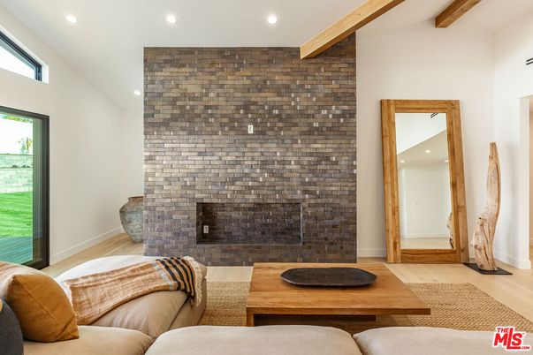 Fireplace, Interior, Living room, Recessed Lighting, Stone Walls, Wooden Beams, Wood Texture Flooring
