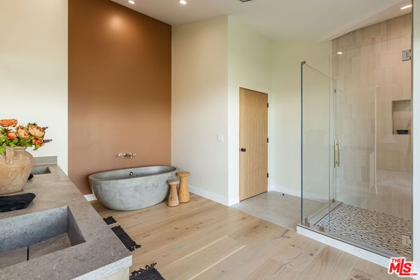 Bathroom, Glass Shower, Interior, Recessed Lighting, Wood Texture Flooring
