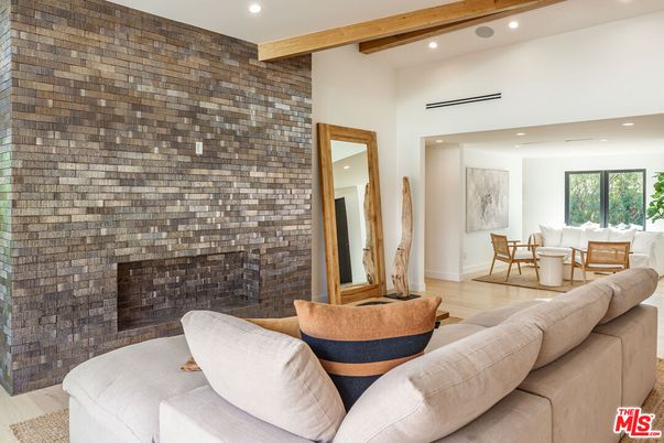 Fireplace, Interior, Living room, Recessed Lighting, Stone Walls, Wooden Beams, Wood Texture Flooring
