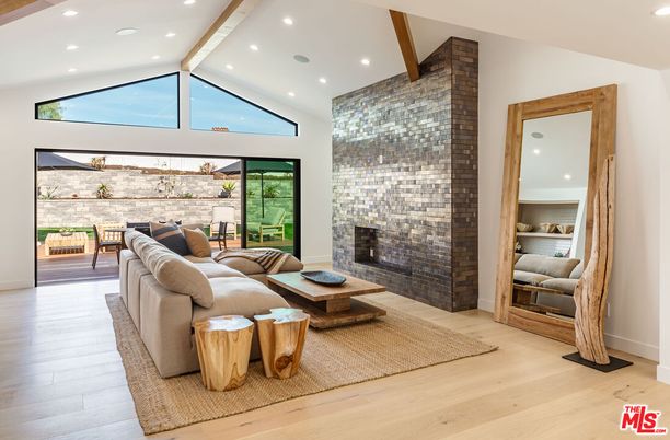 Fireplace, Interior, Living room, Recessed Lighting, Stone Walls, Wooden Beams, Wood Texture Flooring