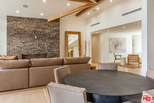 Dining room, Interior, Living room, Recessed Lighting, Stone Walls, Wooden Beams, Wood Texture Flooring
