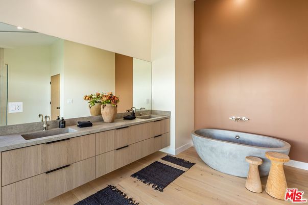 Bathroom, Dual Sink Vanities, Free Standing Baths, Interior, Recessed Lighting, Wood Texture Flooring