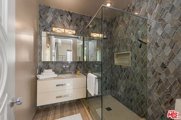 Bathroom, Glass Shower, Interior, Recessed Lighting, Wood Texture Flooring