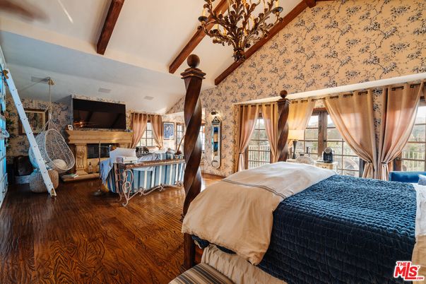 Bedroom, Fireplace, Interior, Wooden Beams, Wood Texture Flooring
