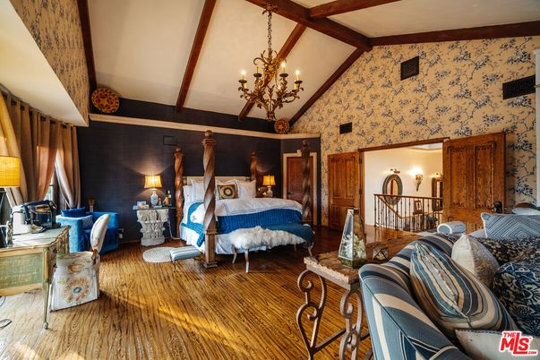 Bedroom, Chandelier, Interior, Wooden Beams, Wood Texture Flooring