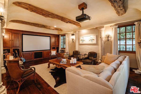 Interior, Living room, Projection Screen, Recessed Lighting, Theatre Room, Wood Texture Flooring