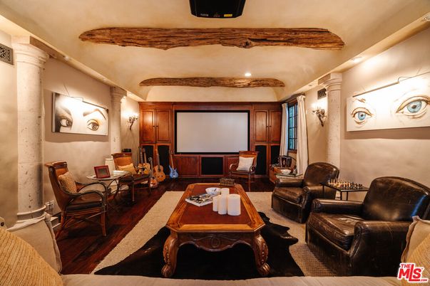 Interior, Living room, Projection Screen, Recessed Lighting, Theatre Room, Wood Texture Flooring