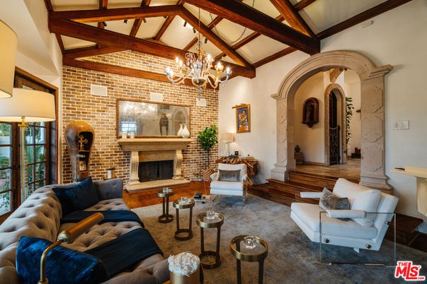 Chandelier, Fireplace, Interior, Living room, Stone Walls, Wooden Beams, Wood Texture Flooring