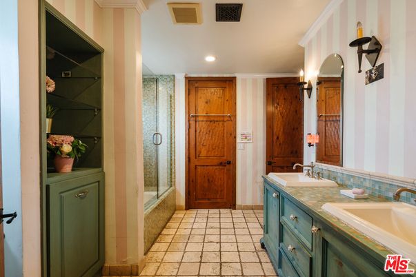 Bathroom, Dual Sink Vanities, Glass Shower, Interior, Recessed Lighting, Tile Countertops