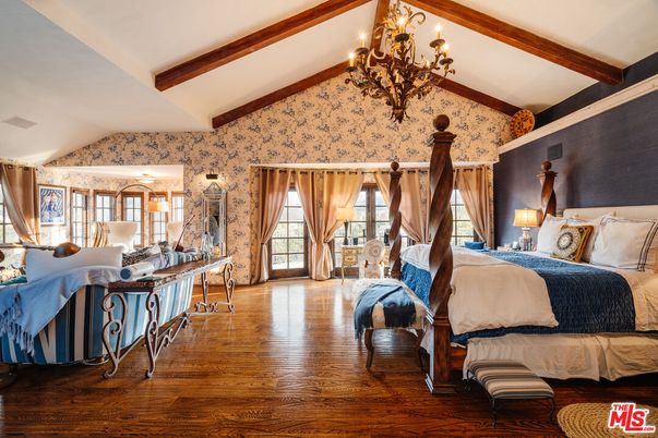 Bedroom, Chandelier, Interior, Wooden Beams, Wood Texture Flooring