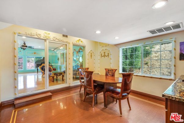 Dining room, Interior, Recessed Lighting, Wood Texture Flooring