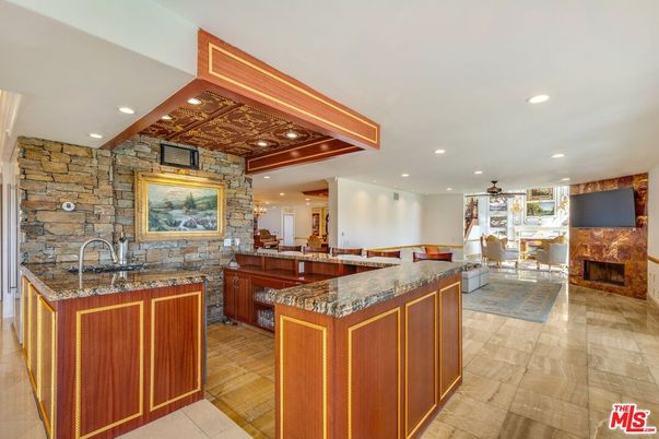 Dining room, Fireplace, Interior, Kitchen, Recessed Lighting, Stone Walls