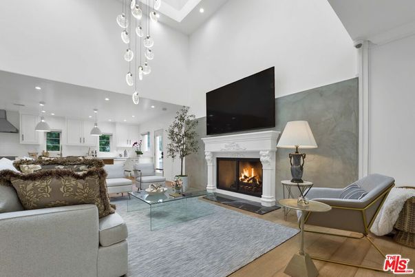 Fireplace, Interior, Kitchen, Living room, Pendant Lights, Recessed Lighting, Wood Texture Flooring