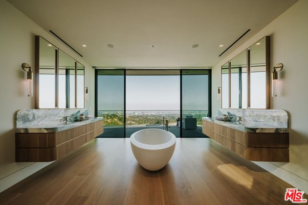 Bathroom, Dual Sink Vanities, Free Standing Baths, Interior, Recessed Lighting, Wood Texture Flooring