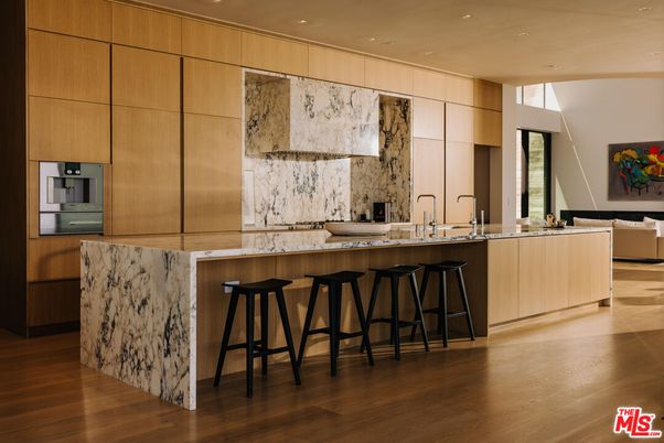 Interior, Kitchen, Marble Walls, Recessed Lighting, Wood Texture Flooring