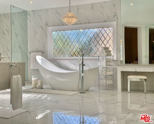 Bathroom, Free Standing Baths, Interior, Marble, Marble Walls, Pendant Lights, Recessed Lighting