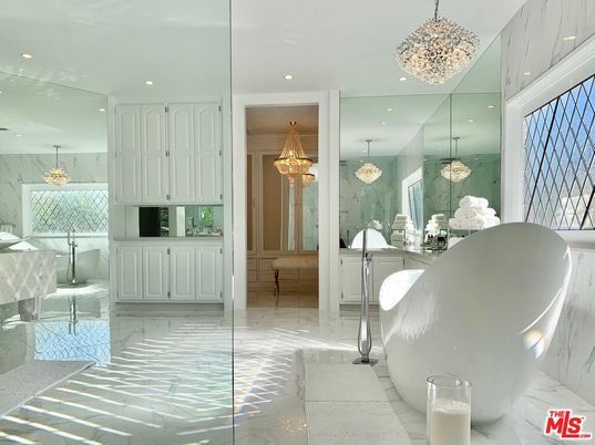 Bathroom, Chandelier, Free Standing Baths, Interior, Marble, Recessed Lighting