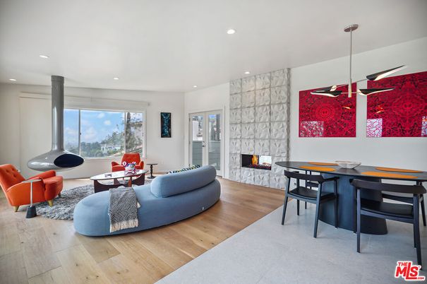 Dining room, Fireplace, Interior, Living room, Pendant Lights, Recessed Lighting, Wood Texture Flooring