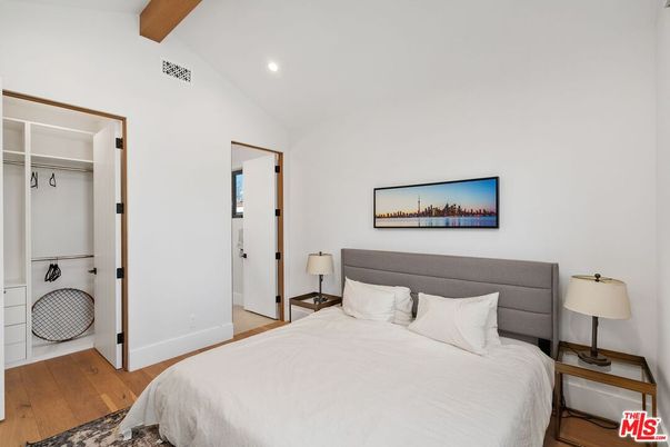 Bedroom, Interior, Recessed Lighting, Wooden Beams, Wood Texture Flooring