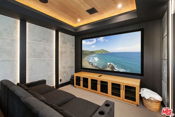 Interior, Projection Screen, Recessed Lighting, Theatre Room, Wooden Ceilings