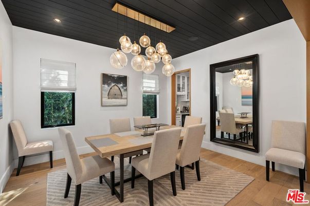 Dining room, Interior, Pendant Lights, Recessed Lighting, Wood Texture Flooring