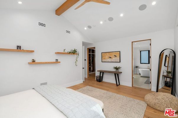 Bedroom, Interior, Recessed Lighting, Wooden Beams, Wood Texture Flooring