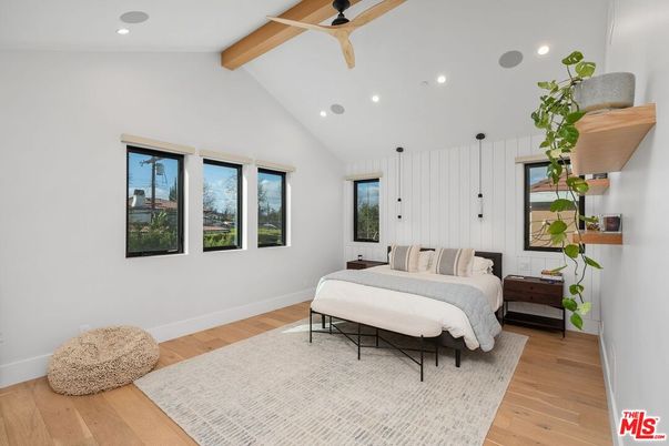 Bedroom, Interior, Recessed Lighting, Wooden Beams, Wood Texture Flooring