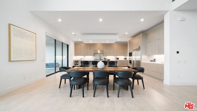 Dining room, Interior, Kitchen, Recessed Lighting, Stainless Steel Appliances, Wood Texture Flooring