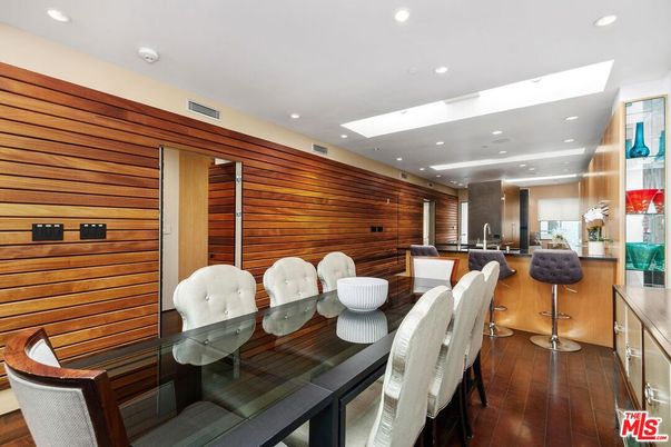 Dining room, Interior, Recessed Lighting, Wood Texture Flooring, Wooden Walls