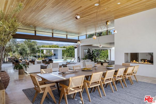 Dining room, Fireplace, Interior, Pendant Lights, Recessed Lighting, Wooden Ceilings
