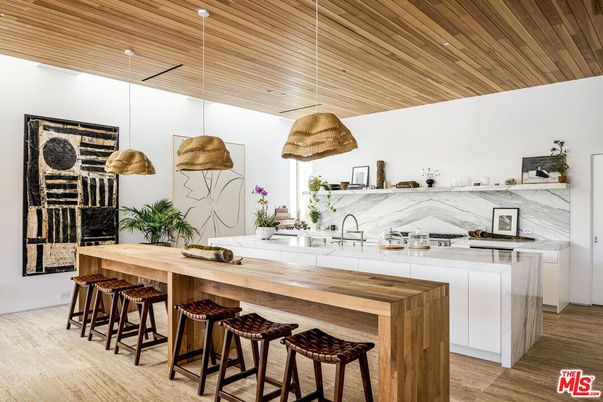 Interior, Kitchen, Marble Walls, Pendant Lights, Stainless Steel Appliances, Wooden Ceilings, Wood Texture Flooring
