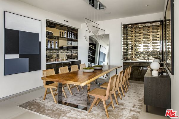 Dining room, Fireplace, Interior, Pendant Lights, Wine Storage