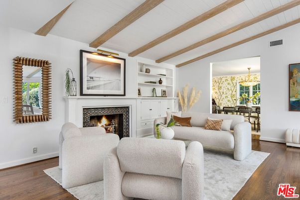 Dining room, Fireplace, Interior, Living room, Wooden Beams, Wood Texture Flooring