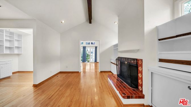 Fireplace, Interior, Recessed Lighting, Wooden Beams, Wood Texture Flooring