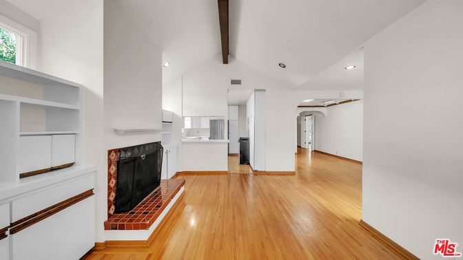Fireplace, Interior, Kitchen, Recessed Lighting, Wooden Beams, Wood Texture Flooring