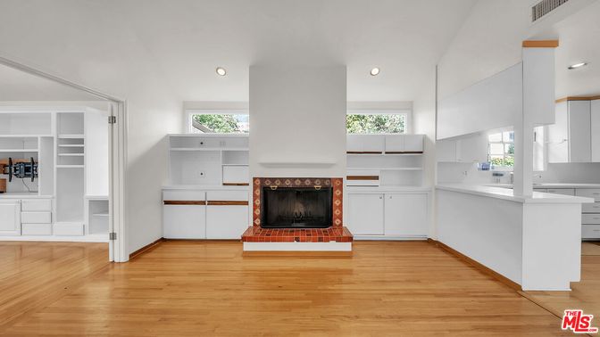 Fireplace, Interior, Recessed Lighting, Wood Texture Flooring