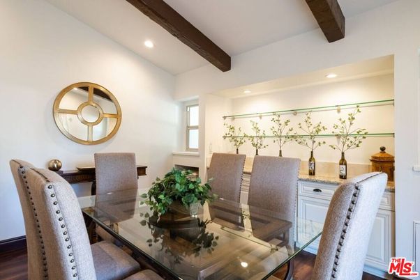 Dining room, Interior, Recessed Lighting, Wooden Beams, Wood Texture Flooring