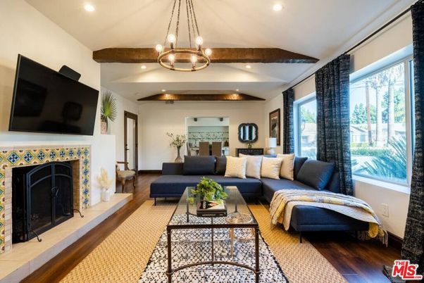 Fireplace, Interior, Living room, Pendant Lights, Recessed Lighting, Wooden Beams, Wood Texture Flooring