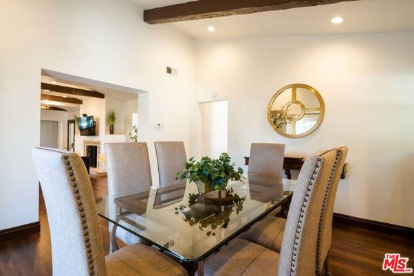 Dining room, Interior, Recessed Lighting, Wooden Beams, Wood Texture Flooring